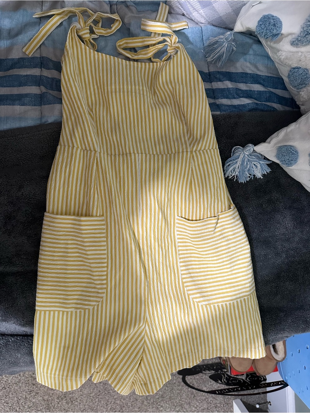 Yellow & White Striped Tie-Shoulder Romper